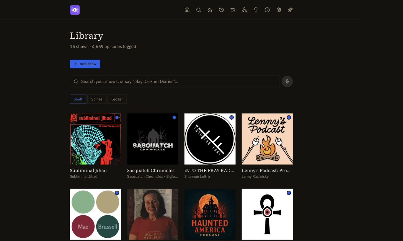 Pod-io's Shelf view — subscribed shows as cover-art tiles